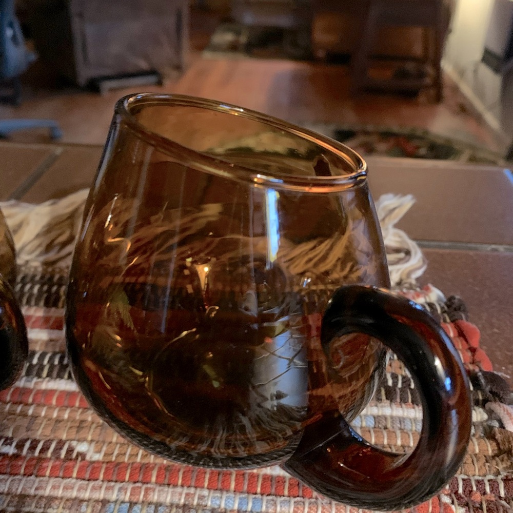 Vintage amber mid century modern asymmetric glass mugs set of 2